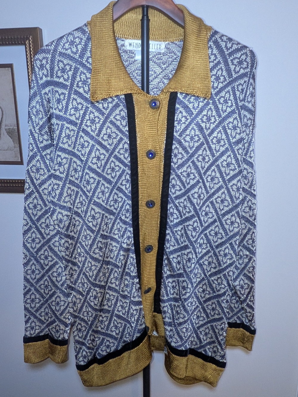 Wendy Feller Vintage Hand Loomed Chenille Cardigan Sweater L Blue Gold